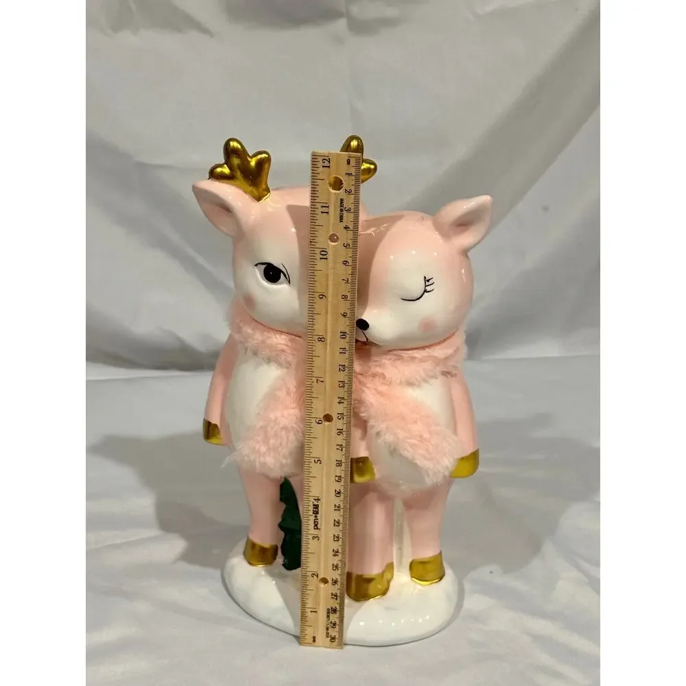 Bella Lux 11” Pink Reindeer Ceramic Figurine Christmas Decor Antlers Faux Fur